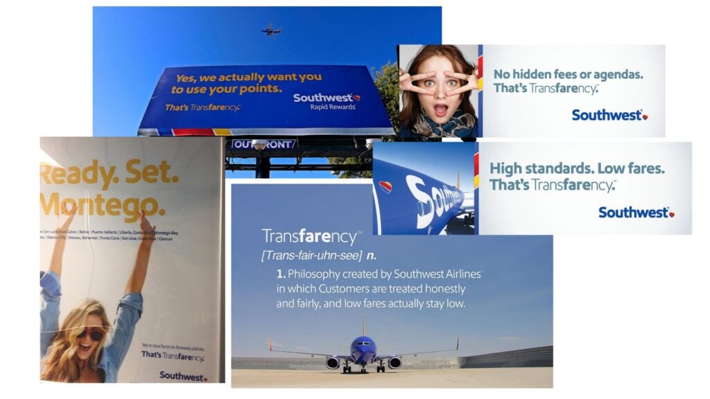 Un collage de anuncios de Southwest Airlines que muestran su campaña "Transfarency" de 2015, un ejemplo de marketing omnicanal.