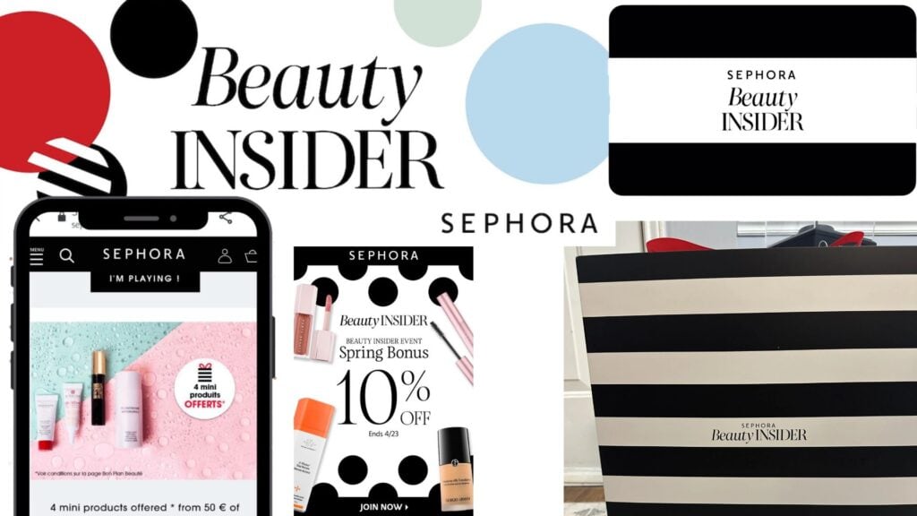 Collage que muestra el programa de fidelización Sephora y Beauty Insider, ejemplo de la estrategia de marketing integrada de Sephora.