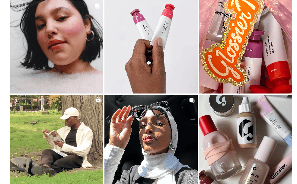 A collage of user-generated Instagram posts featuring Glossier products and diverse customers. The images include close-ups of individuals using the products, showcasing Glossier's inclusive and community-driven approach to organic marketing.