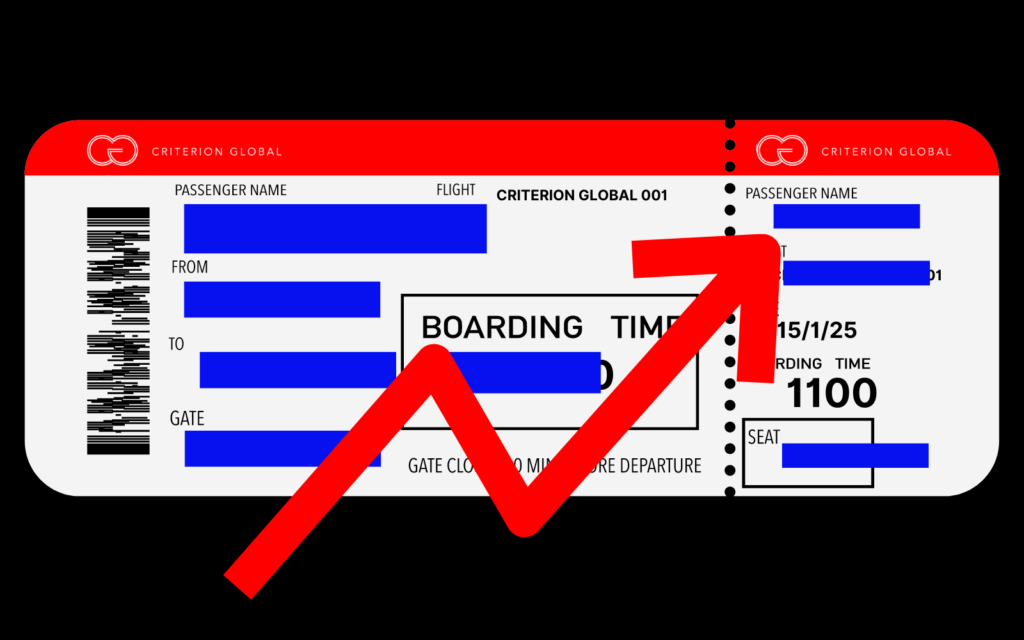 A boarding pass from an international media agency with an arrow pointing up.