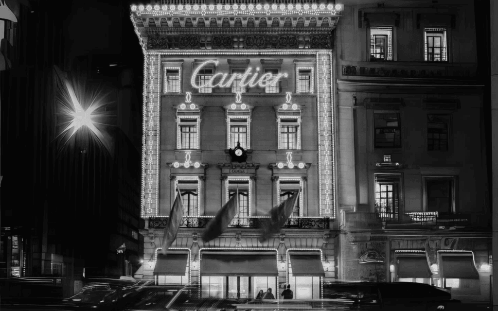 A black-and-white photo of a Cartier storefront at night, illuminated with decorative lights and a visible logo, captures the essence of Holiday Ads, with traffic streaks in the foreground adding dynamic energy to the scene.
